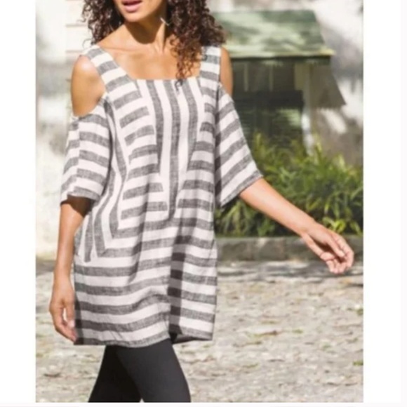 Soft Surroundings Striped Cold Shoulder Linen Tunic Top Petite XS Blue - Picture 2 of 10